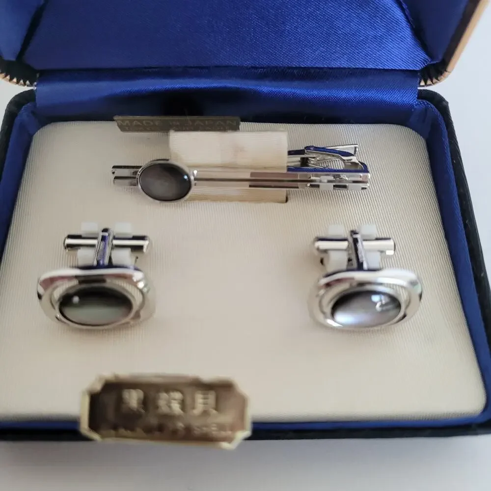 Jaldan Match Match Vintage Cufflinks Tie Clip Set Black Mother Of Pearls Silver‎